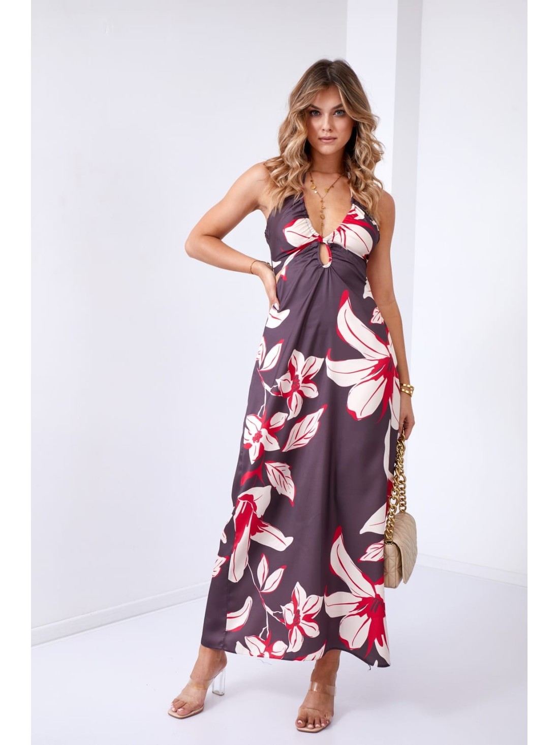 Rochie maxi cu decupaje si decolteu legat, maro inchis 110620 - Magazin online - Boutique